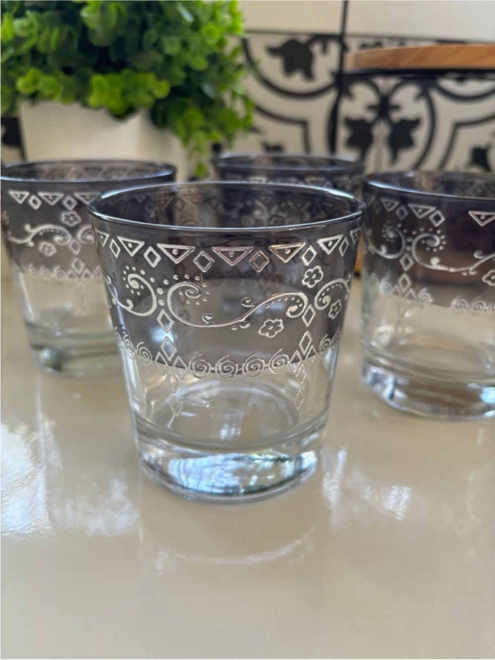 Vintage BronzeVerre Morocco Hand Decorated Set of 4 Whiskey Glasses Clear Black